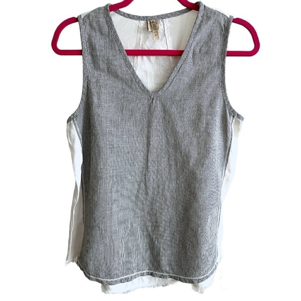 XCVI 100% Linen V Neck Sleeveless Tank Blue White Pinstripe Raw Fringe Edge Sm